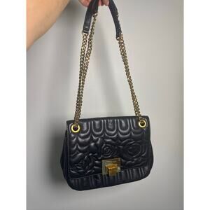 Michael Kors Vivianne Medium Quilted Rose-Embroidered Leather Shoulder  - Black